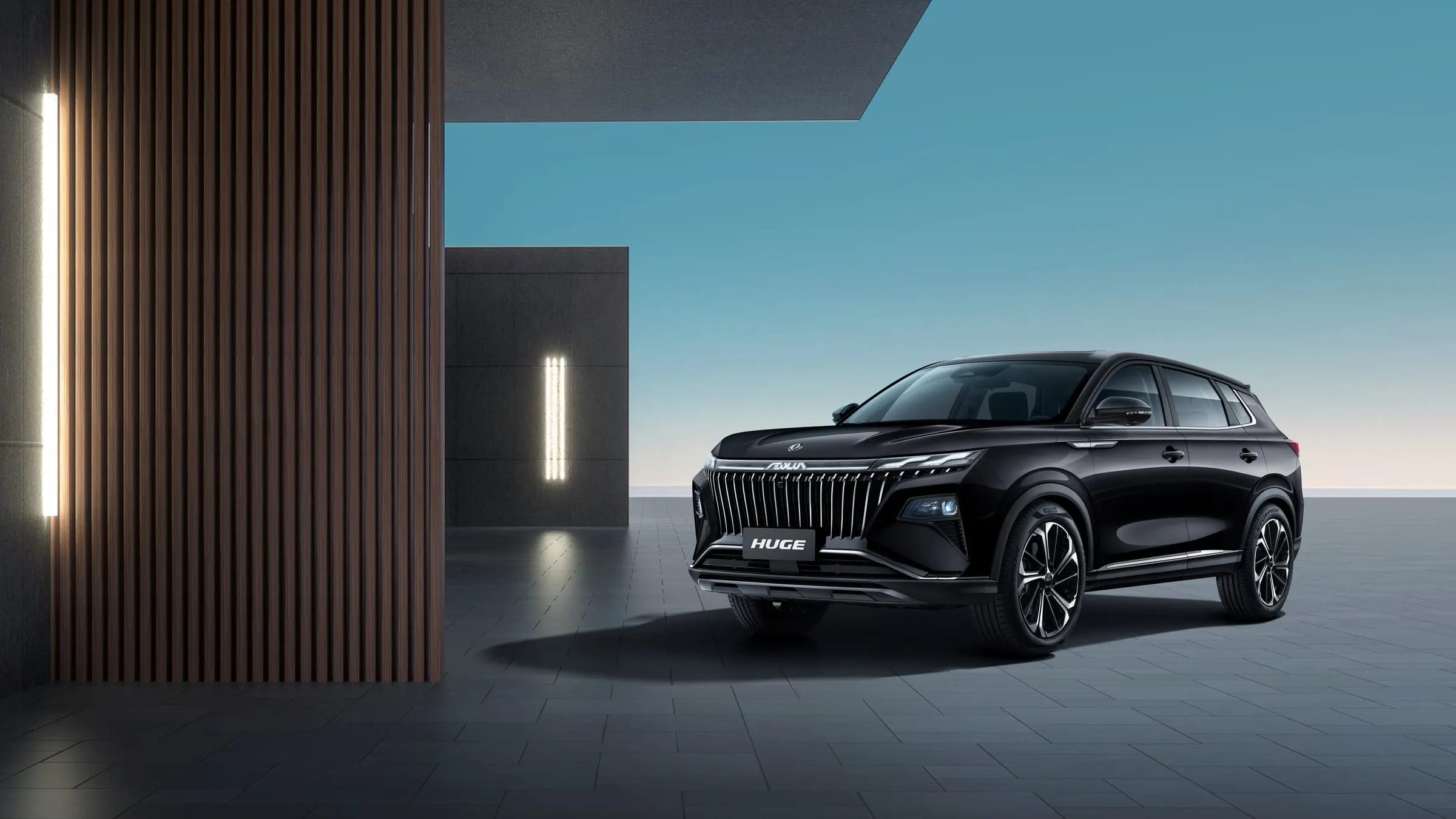 Dongfeng Huge in black — Dongfeng Jamaica/Bert’s Automotive. Dealer model imagery; confirm local colours and equipment.