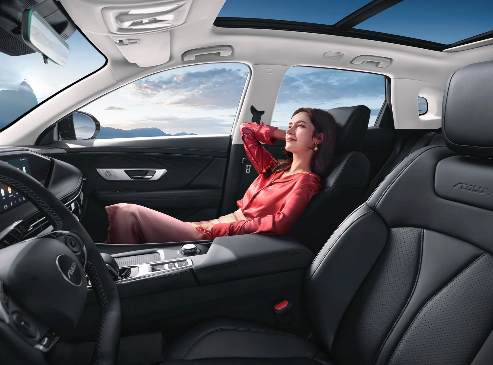 Front seat of the Dongfeng Huge — Dongfeng Jamaica/Bert’s Automotive. Dealer model imagery; confirm local colours and equipment.