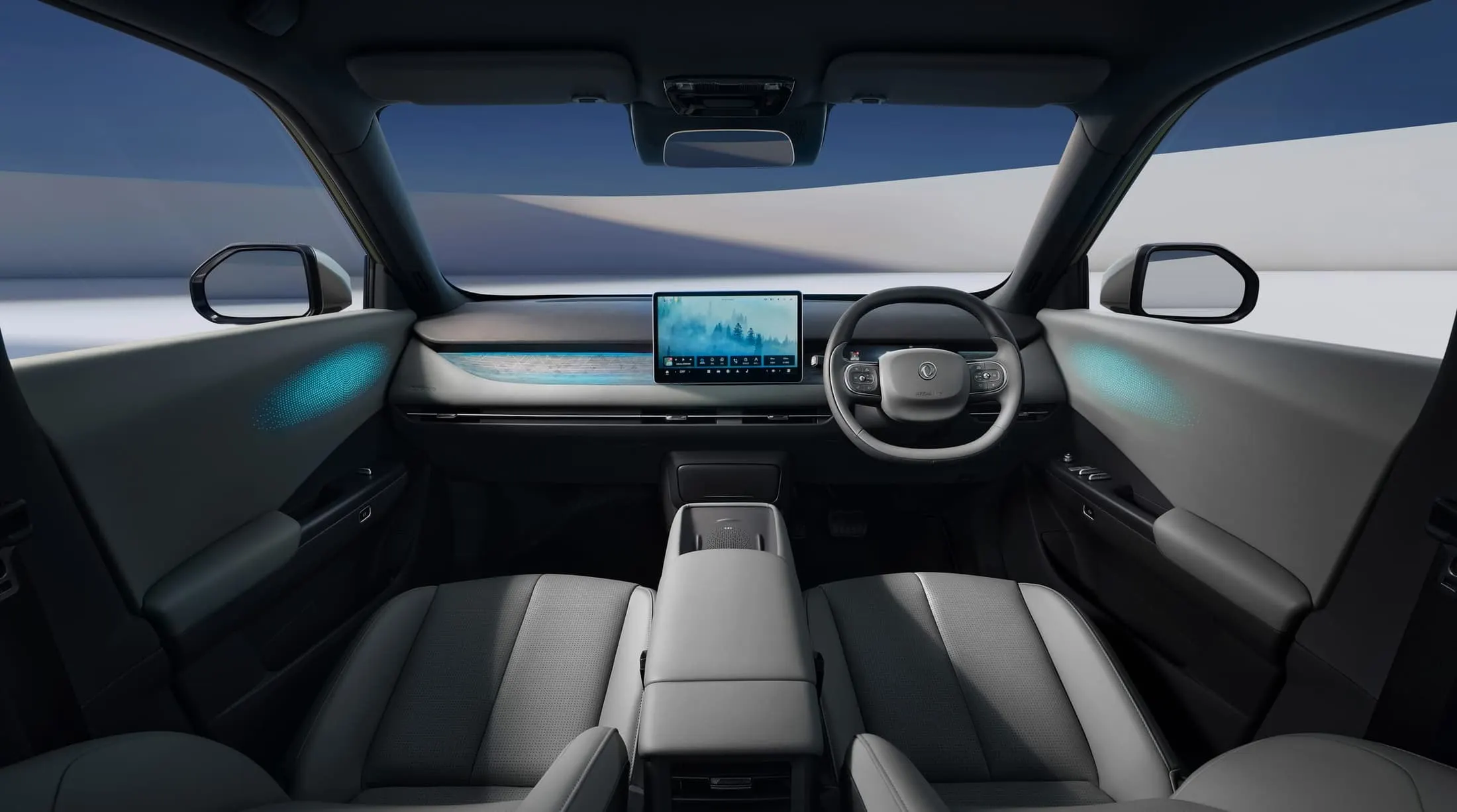 Interior of the Dongfeng Vigo in grey, right-hand drive, the trim on our cars — Dongfeng Jamaica/Bert’s Automotive. Dealer model imagery; confirm local colours and equipment.